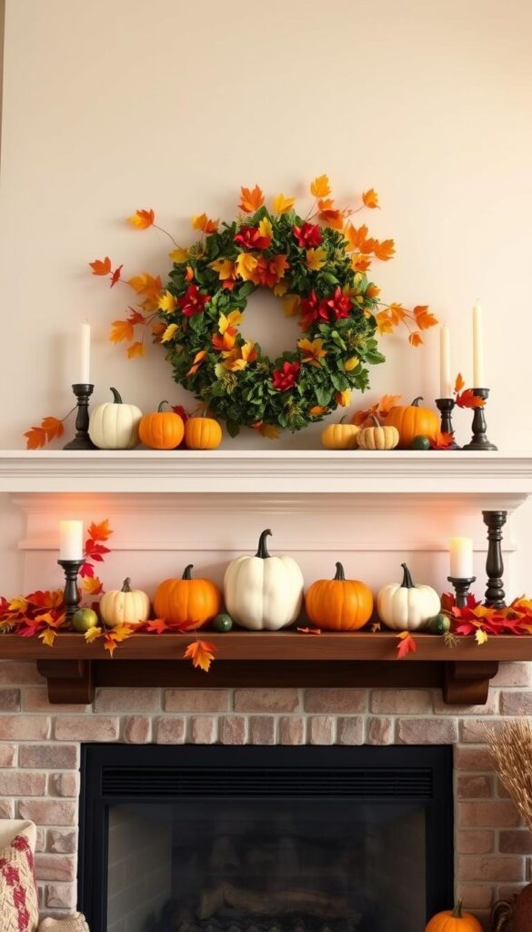 Image of a beautifully decorated mantel with fall decor
