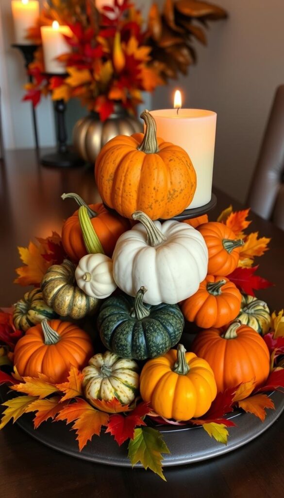 Mini pumpkins and gourds arranged on a tiered tray with fall leaves and candles