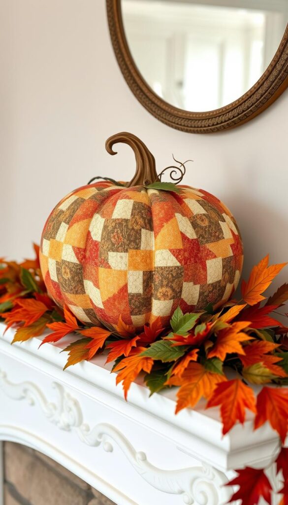 Picture a vintage quilt pumpkin placed on a decorative mantel, surrounded by fall foliage.