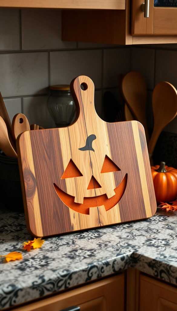 Show a wooden cutting board pumpkin with a Jack-o'-lantern design on a kitchen counter, surrounded by fall-themed kitchen utensils.