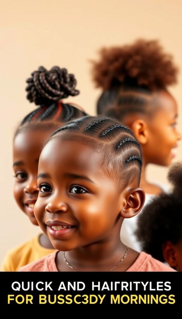 A cheerful, vibrant scene of three young Black children with short, simple hairstyles - a neat braided bun, a slicked-back ponytail, and a bouncy afro. Crisp, well-lit close-up in a neutral, soft-focus background, emphasizing the effortless, versatile styles. The children's expressions are relaxed and confident, highlighting the ease and practicality of these quick, school-ready looks. Subtle, warm-toned lighting casts a gentle glow, creating an inviting, approachable atmosphere. The image captures the essence of "Quick and Simple Hairstyles for Busy Mornings" - stylish yet low-maintenance styles perfect for the back-to-school rush.