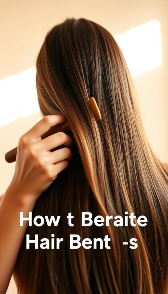 A close-up photograph of a woman's hands carefully brushing her long, lustrous hair in a well-lit, serene setting. The hair is thick, healthy, and free of split ends, a testament to the meticulous hair care practices she follows. The lighting is soft and diffused, creating a warm, inviting atmosphere that highlights the natural beauty of the hair. The background is slightly blurred, placing the focus on the hands and hair in the foreground. The image conveys a sense of tranquility and the importance of dedicated hair care for preventing breakage and promoting growth.