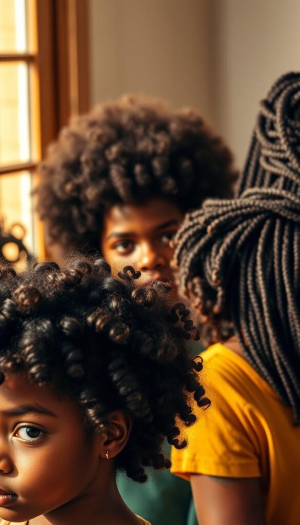 A close-up photograph of diverse natural hairstyles, showcasing the beauty and texture of Black hair. In the foreground, a young girl with tight curls and an elegant twist-out style, bathed in warm, diffused lighting. In the middle ground, a boy with a thick, voluminous afro, his curls reflecting the soft shadows cast by a large window. In the background, a girl with long, thick dreadlocks cascading over her shoulders, the light playing across the intricate patterns. The image celebrates the inherent elegance and uniqueness of natural hairstyles, conveying a sense of pride, confidence, and self-expression.