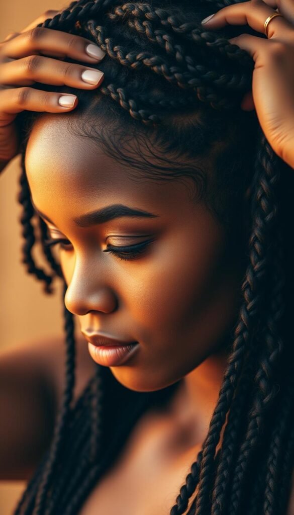 A close-up portrait of a woman intricately braiding her thick, curly hair into a stunning natural hairstyle. The intricate weaving of the braids is captured in sharp detail, showcasing the artistry and skill involved. Soft, warm lighting illuminates the subject's face, creating a serene and focused atmosphere. The background is blurred, keeping the viewer's attention solely on the beautiful hairstyle. The braids cascade down the subject's shoulders, framing her face and emphasizing the natural texture and volume of her hair. This image perfectly captures the essence of a statement style with braiding hair.