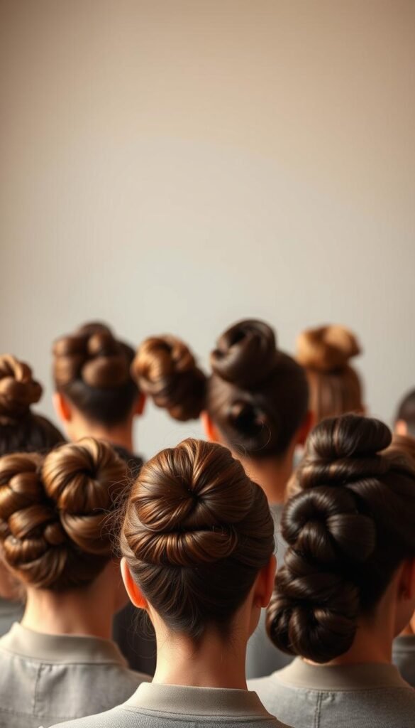 A collection of intricate, stylized bun hairstyles against a softly blurred, minimalist backdrop. The buns are artfully arranged, showcasing diverse textures and shapes - from sleek, low-slung updos to voluminous, sculptural topknots. Warm, directional lighting accentuates the dynamic curves and contours of the hairstyles, creating a sense of depth and dimension. The overall mood is elegant, refined, and visually captivating, inviting the viewer to closely examine the nuanced details of each unique bun design.