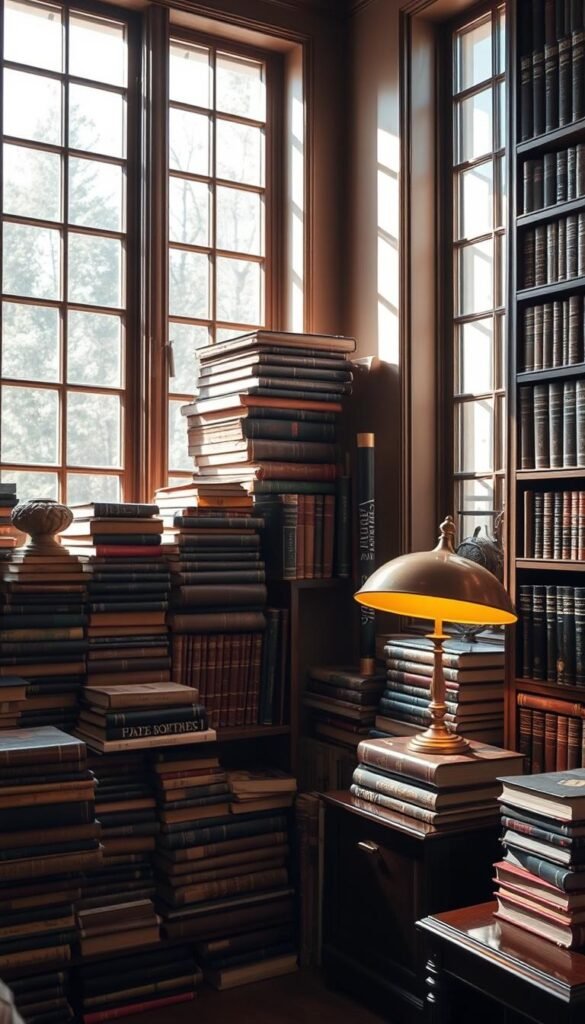 A cozy corner of a well-curated library, sunlight filtering through tall windows onto stacks of leather-bound books arranged thematically. Titles and subjects hint at the owner's passions - art, philosophy, world history. Meticulously organized, each stack a visual representation of a personal narrative. Antique brass lamps cast a warm glow, their soft light reflecting off polished wood surfaces. The overall impression is one of intellectual curiosity and refined taste, a space that invites exploration and discovery. A cozy corner of a well-curated library, sunlight filtering through tall windows onto stacks of leather-bound books arranged thematically. Titles and subjects hint at the owner's passions - art, philosophy, world history. Meticulously organized, each stack a visual representation of a personal narrative. Antique brass lamps cast a warm glow, their soft light reflecting off polished wood surfaces. The overall impression is one of intellectual curiosity and refined taste, a space that invites exploration and discovery.
