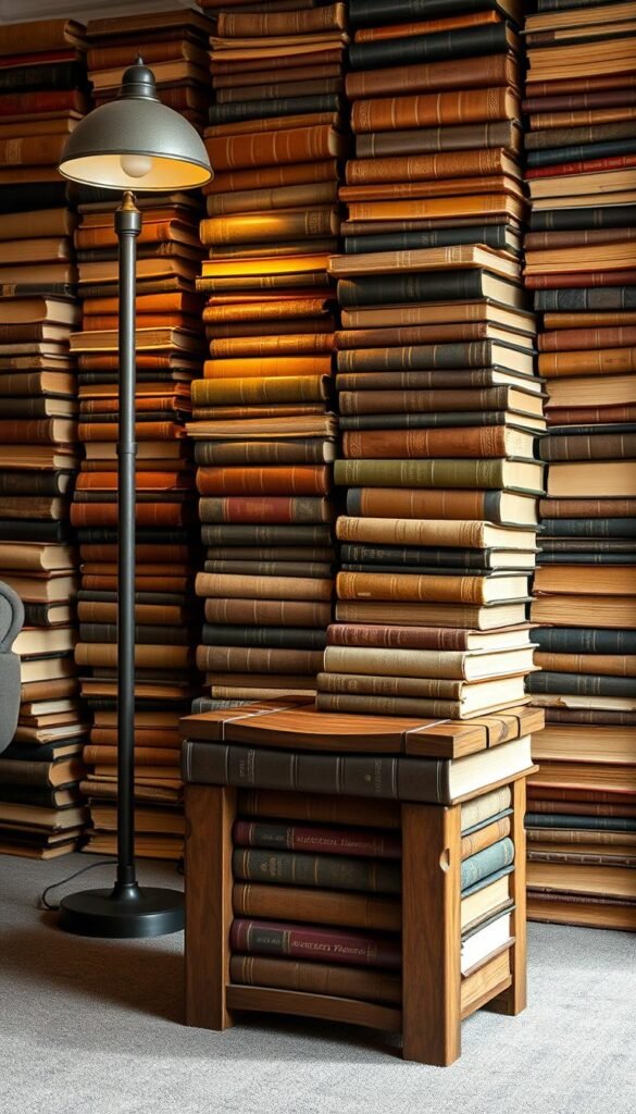 A cozy home library with well-worn books stacked as functional furniture. Towering piles of leather-bound tomes, their spines worn with age, arranged in an organic, asymmetrical pattern. Soft, warm lighting from a floor lamp casts a gentle glow, highlighting the textured pages and rich color of the book covers. In the foreground, a sturdy wooden stool fashioned from a stack of encyclopedias, inviting the viewer to pause and peruse. Muted earth tones and natural textures create a calming, lived-in atmosphere, conveying a sense of timelessness and intellectual pursuit. A cozy home library with well-worn books stacked as functional furniture. Towering piles of leather-bound tomes, their spines worn with age, arranged in an organic, asymmetrical pattern. Soft, warm lighting from a floor lamp casts a gentle glow, highlighting the textured pages and rich color of the book covers. In the foreground, a sturdy wooden stool fashioned from a stack of encyclopedias, inviting the viewer to pause and peruse. Muted earth tones and natural textures create a calming, lived-in atmosphere, conveying a sense of timelessness and intellectual pursuit.
