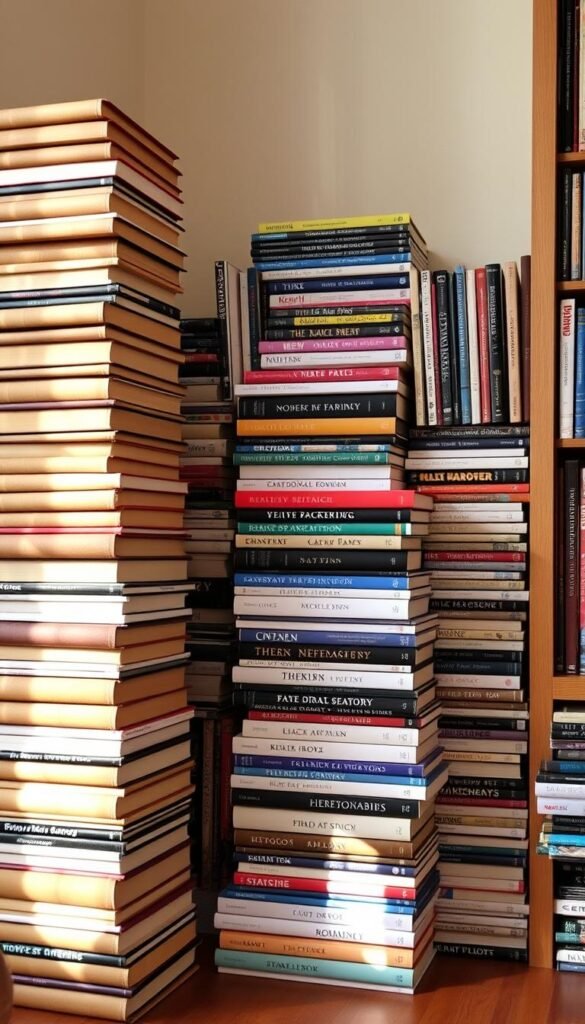 A cozy library corner showcasing height-varied book stacks, creating a captivating visual interest. In the foreground, a tall stack of hardcover books in earthy tones, meticulously arranged to form a gentle slope. Adjacent, a shorter stack of magazines and paperbacks in vibrant hues, adding pops of color. In the middle ground, a mix of vertical and horizontal book stacks, their varying heights and orientations forming an asymmetrical yet balanced composition. Soft, warm lighting filters through the space, casting gentle shadows and highlighting the textural details of the book spines. The overall scene exudes a sense of calm, inviting the viewer to pause and explore the intriguing display of literary treasures. A cozy library corner showcasing height-varied book stacks, creating a captivating visual interest. In the foreground, a tall stack of hardcover books in earthy tones, meticulously arranged to form a gentle slope. Adjacent, a shorter stack of magazines and paperbacks in vibrant hues, adding pops of color. In the middle ground, a mix of vertical and horizontal book stacks, their varying heights and orientations forming an asymmetrical yet balanced composition. Soft, warm lighting filters through the space, casting gentle shadows and highlighting the textural details of the book spines. The overall scene exudes a sense of calm, inviting the viewer to pause and explore the intriguing display of literary treasures.