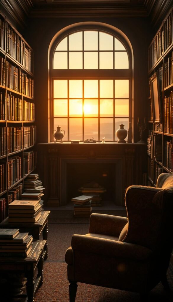 A cozy library nook bathed in warm, soft lighting. Rows of leather-bound volumes line the shelves, their spines casting gentle shadows. In the foreground, a plush armchair invites contemplation, surrounded by stacks of well-worn books on a weathered wooden side table. The middle ground features a large, ornate fireplace mantel, adorned with antique trinkets and framed artwork. Through a window in the background, a picturesque landscape of rolling hills and a setting sun creates a tranquil, atmospheric scene. The overall mood is one of intellectual refinement, timeless charm, and a reverence for the written word. A cozy library nook bathed in warm, soft lighting. Rows of leather-bound volumes line the shelves, their spines casting gentle shadows. In the foreground, a plush armchair invites contemplation, surrounded by stacks of well-worn books on a weathered wooden side table. The middle ground features a large, ornate fireplace mantel, adorned with antique trinkets and framed artwork. Through a window in the background, a picturesque landscape of rolling hills and a setting sun creates a tranquil, atmospheric scene. The overall mood is one of intellectual refinement, timeless charm, and a reverence for the written word.