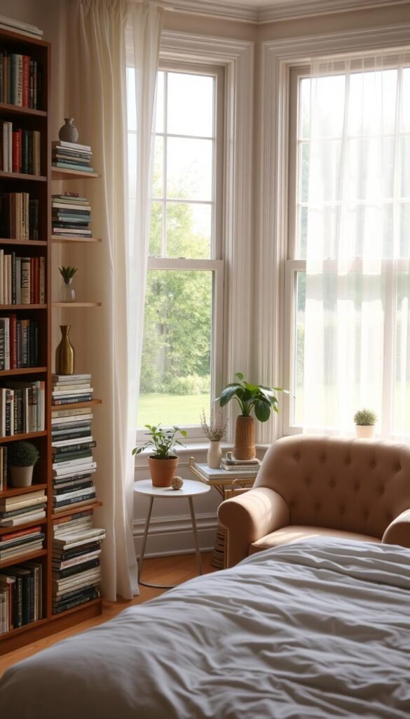 A cozy, well-lit bedroom with a large bay window overlooking a peaceful garden. Soft, natural lighting filters through sheer curtains, casting a warm glow on the room. In the foreground, a wooden bookshelf filled with a diverse collection of books, meticulously arranged in stacks of varying heights and orientations. Potted plants and decorative elements add a touch of greenery and personality to the space. The middle ground features a plush, tufted armchair positioned next to a small side table, creating an inviting reading nook. In the background, a minimalist bed frame with crisp, white linens and a few throw pillows, complementing the overall serene and harmonious atmosphere. A cozy, well-lit bedroom with a large bay window overlooking a peaceful garden. Soft, natural lighting filters through sheer curtains, casting a warm glow on the room. In the foreground, a wooden bookshelf filled with a diverse collection of books, meticulously arranged in stacks of varying heights and orientations. Potted plants and decorative elements add a touch of greenery and personality to the space. The middle ground features a plush, tufted armchair positioned next to a small side table, creating an inviting reading nook. In the background, a minimalist bed frame with crisp, white linens and a few throw pillows, complementing the overall serene and harmonious atmosphere.
