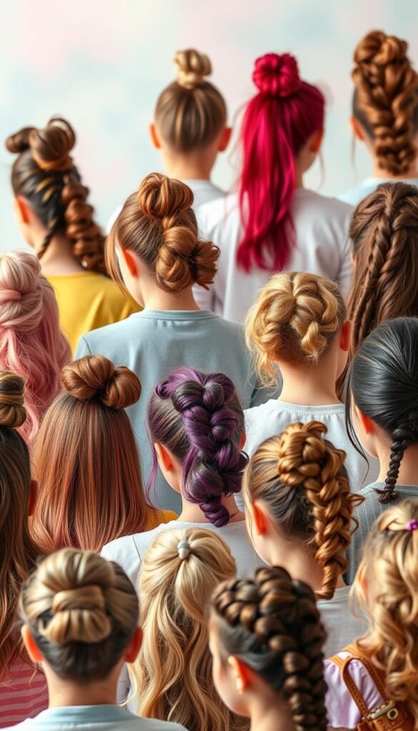 A diverse array of vibrant hairstyles against a softly blurred, pastel-toned background. In the foreground, a variety of stylish back-to-school looks, including sleek topknots, bouncy curls, braided pigtails, and messy waves. The middle ground features a mix of hair textures and colors, showcasing the versatility of back-to-school hairstyles. Soft, diffused lighting creates a warm, inviting atmosphere, emphasizing the individual beauty and personality of each hairstyle. The overall composition conveys a sense of youthful energy, creativity, and the excitement of a new academic year.