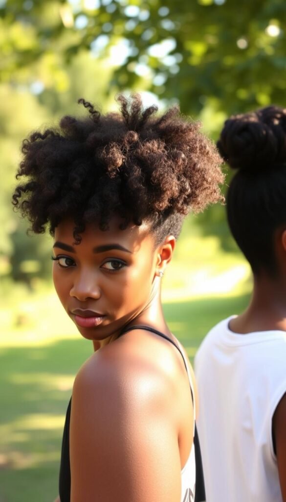 A diverse collection of natural hair styles on a serene, sun-dappled background. In the foreground, a model showcases a stylish, voluminous afro, their hair catching the warm light. In the middle ground, another model styles their curly tresses into a neat, high bun, highlighted by soft shadows. The background features a tranquil outdoor setting, with lush greenery and a gentle, diffused lighting that creates a calming, inviting atmosphere. The image conveys a sense of effortless beauty and versatility in natural hairstyles, perfect for the start of a new school year.