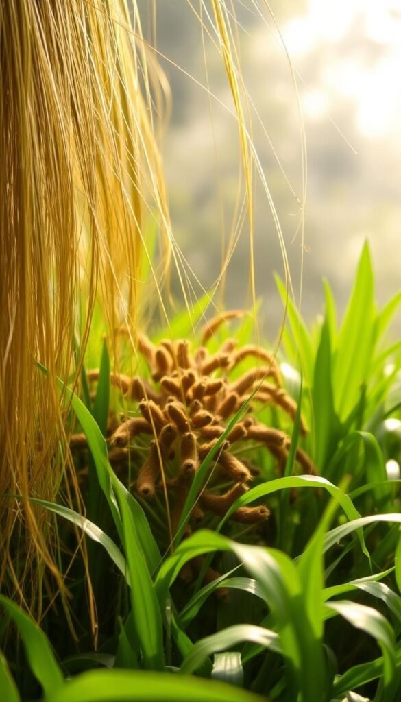 A lush, verdant scene of vibrant hair growth. In the foreground, strands of healthy, shiny hair sway gently in a soft, natural light. The middle ground features a cascade of diverse follicles, each one a testament to the body's regenerative power. In the background, a serene, calming atmosphere, with a subtle haze and warm, diffused lighting that creates a sense of tranquility and nourishment. The overall composition conveys a message of harmony, balance, and the natural cycles of renewal that support abundant hair growth.
