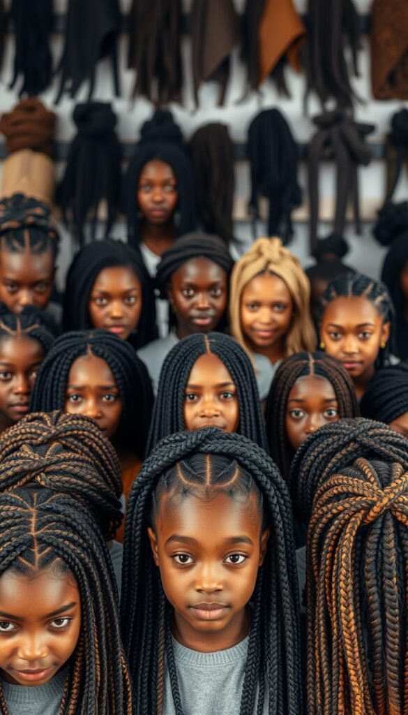 A neatly arranged array of intricate protective braid hairstyles, each showcasing a unique pattern and texture. The foreground features a central focus on a variety of braided styles, including cornrows, box braids, and two-strand twists, all captured in a warm, natural lighting that accentuates the diverse tones and sheen of the textured hair. The middle ground depicts a diverse group of models with varying skin tones and facial features, each proudly displaying their protective hairstyles. The background is a soft, out-of-focus setting, creating a serene and inviting atmosphere that allows the braided styles to take center stage. The overall composition conveys a sense of elegance, versatility, and school-ready confidence.