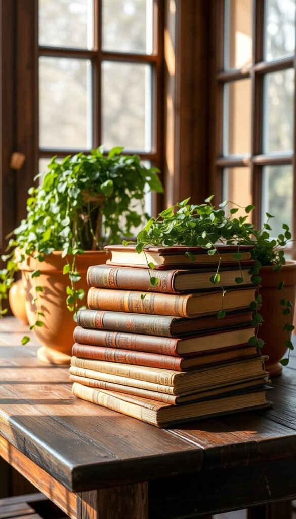 A neatly arranged stack of antique hardcover books in earthy tones sits atop a weathered wooden table, complemented by lush greenery cascading from terracotta planters. Soft, diffused natural light filters through large windows, casting a warm, inviting glow across the scene. The books' aged spines and textured covers create a sense of timeless elegance, while the vibrant plants add a touch of life and vitality. The composition is balanced and harmonious, inviting the viewer to pause and appreciate the simple beauty of this cozy, book-lover's sanctuary. A neatly arranged stack of antique hardcover books in earthy tones sits atop a weathered wooden table, complemented by lush greenery cascading from terracotta planters. Soft, diffused natural light filters through large windows, casting a warm, inviting glow across the scene. The books' aged spines and textured covers create a sense of timeless elegance, while the vibrant plants add a touch of life and vitality. The composition is balanced and harmonious, inviting the viewer to pause and appreciate the simple beauty of this cozy, book-lover's sanctuary.