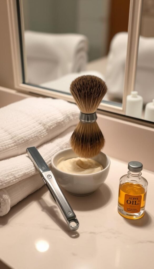 A neatly arranged vanity top, softly lit from above, showcases the tools of a meticulous shaving ritual: a gleaming straight razor, a brush with silky badger hair, a bowl of fragrant shaving cream, and a small glass jar of pre-shave oil. Crisp white towels and a stylized mirror frame the scene, creating a tranquil, spa-like atmosphere. The focus is on the preparation, the careful attention to detail, and the mindful, unhurried approach to this grooming task. The overall mood is one of quiet confidence and a reverence for the tradition of fine shaving.