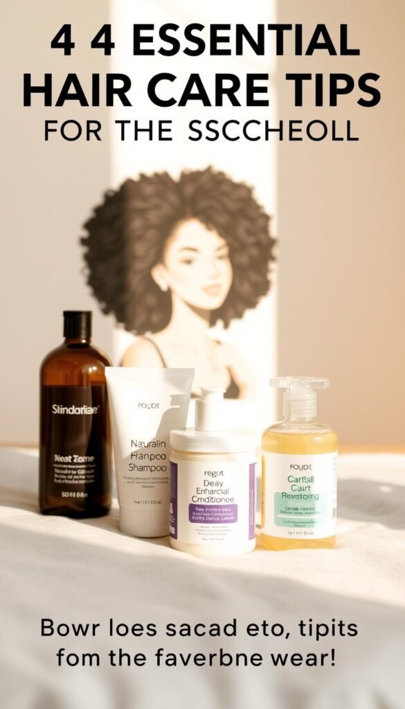 A serene, minimalist composition showcasing four essential hair care tips for the school season. In the foreground, a selection of natural hair care products - a leave-in conditioner, a hydrating shampoo, a curl-enhancing gel, and a deep conditioning treatment - arranged neatly on a soft, neutral-toned surface. The middle ground features a stylized illustration of a model with voluminous, healthy natural curls, emphasizing the importance of proper haircare. The background is a softly blurred, light-filled environment, conveying a calming, educational atmosphere. Subtle, warm lighting casts gentle shadows, highlighting the textures and details of the products. The overall mood is one of simple elegance and practicality, guiding the viewer towards better hair care habits for the new school year.