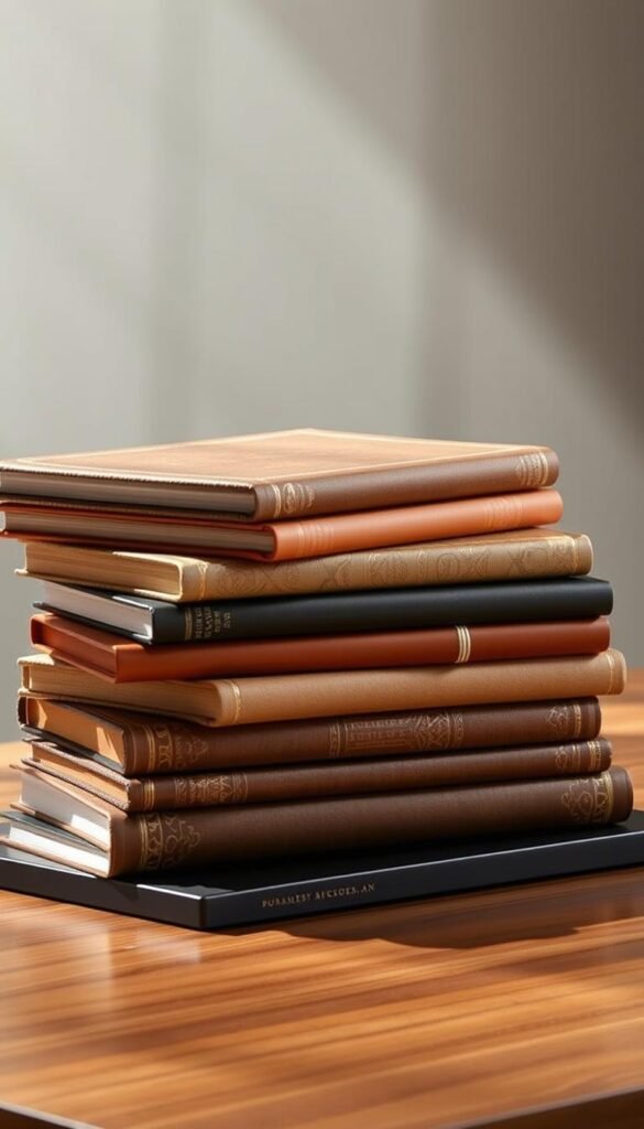 A stack of elegantly curated coffee table books, arranged in a visually compelling composition. The books have intricate covers in a variety of rich, earthy tones - deep browns, warm ochres, and subtle greens. The stack is positioned on a sleek, polished wooden surface, creating a focal point that commands attention. Soft, diffused lighting from above casts gentle shadows, accentuating the textures and details of the books. The overall scene exudes a sense of refined sophistication and understated luxury, perfectly suited to enhance the ambiance of a stylish living space. A stack of elegantly curated coffee table books, arranged in a visually compelling composition. The books have intricate covers in a variety of rich, earthy tones - deep browns, warm ochres, and subtle greens. The stack is positioned on a sleek, polished wooden surface, creating a focal point that commands attention. Soft, diffused lighting from above casts gentle shadows, accentuating the textures and details of the books. The overall scene exudes a sense of refined sophistication and understated luxury, perfectly suited to enhance the ambiance of a stylish living space.