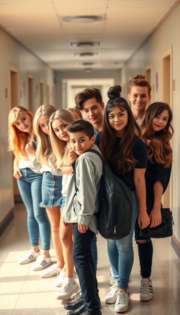 A stylishly coiffed group of students posing together in a well-lit school hallway, showcasing a variety of trendy and practical hairstyles suitable for the classroom. Soft, directional lighting illuminates their features, casting subtle shadows and highlights that emphasize the texture and movement of their hair. The students exhibit a range of hair types, lengths, and styles - from sleek, glossy updos to tousled, textured waves, all expertly styled to last throughout the school day. The scene conveys a sense of youthful confidence and a touch of academic ambiance, setting the stage for a feature on versatile, long-lasting back-to-school hairstyles.