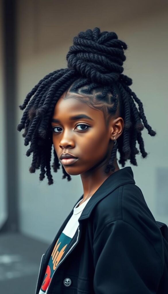 A stylishly edgy school hairstyle for natural hair, featuring intricate cornrows cascading into a high, textured bun. Soft, diffused lighting from the side accentuates the defined curls and braided details. The model's confident expression and urban-inspired fashion create a bold, youthful aesthetic. Captured from a slightly elevated angle to showcase the dynamic, architectural structure of the hairstyle against a minimalist, urban background.