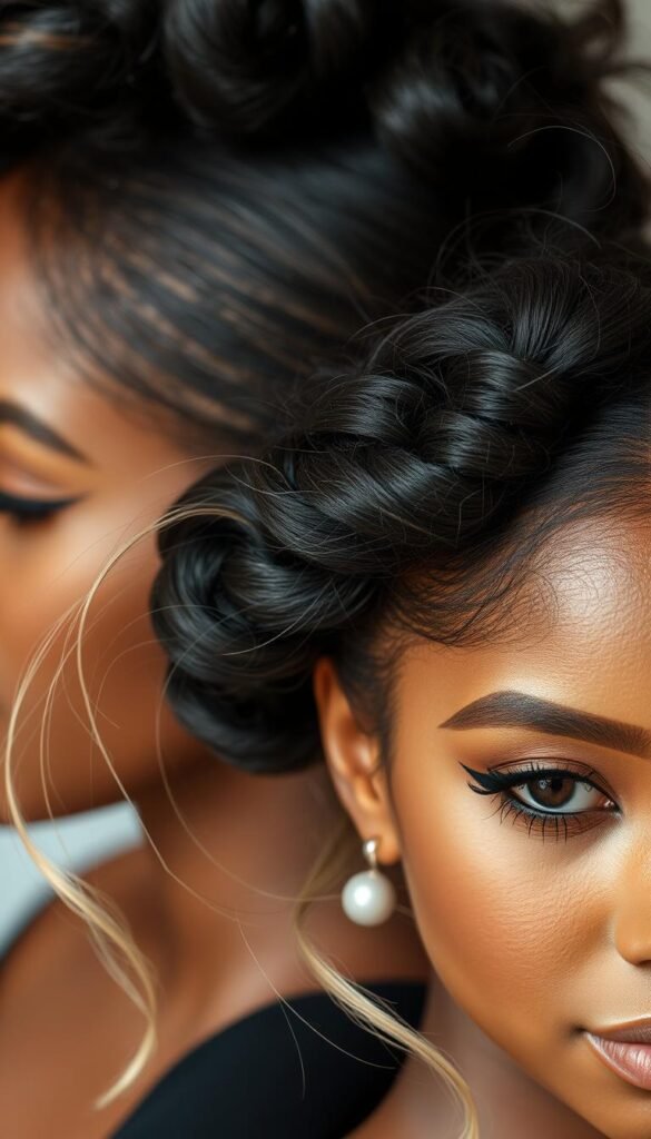 A stylized close-up of elegant, sculpted hairstyles showcasing intricate twist and knot designs. The focus is on the texture and flow of the hair, with a mix of shiny, well-defined strands and wispy, flyaway wisps. The lighting is soft and flattering, creating a warm, inviting atmosphere. The angles highlight the graceful curves and spirals of the hairstyles, with a sense of movement and fluidity. The overall mood is one of artistry, creativity, and effortless beauty, perfectly suited to showcase a range of natural and curly hair styles.
