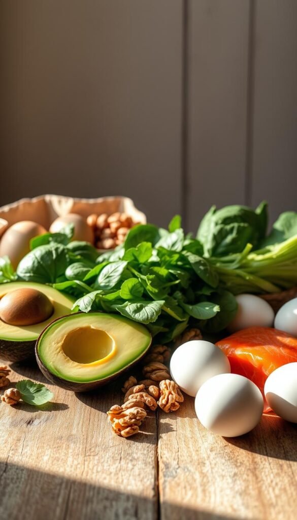 A vibrant, appetizing still life arrangement of fresh, wholesome ingredients for a hair growth-promoting diet. Delicately lit from the side, the scene features a variety of superfoods - avocado, spinach, walnuts, salmon, and eggs - neatly arranged on a rustic wooden table. The lighting casts warm, soft shadows, creating a cozy, inviting atmosphere. The composition is balanced and aesthetically pleasing, with the ingredients positioned to draw the viewer's eye towards the center. The image conveys a sense of health, vitality, and the power of natural nutrition for nourishing strong, lush hair.