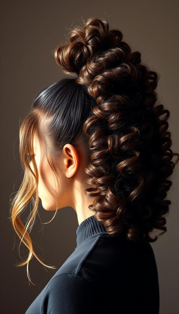 A voluminous, defined ponytail styled on a head of thick, luscious curly hair. The hair is parted down the middle, with strands elegantly cascading down the sides of the face. The ponytail is high and textured, with bouncy, elongated curls that sway gracefully. Soft, flattering lighting illuminates the subject from the side, casting delicate shadows that accentuate the hairstyle's shape and volume. The background is blurred, placing the focus entirely on the intricate, eye-catching ponytail. The overall mood is polished, feminine, and confident.