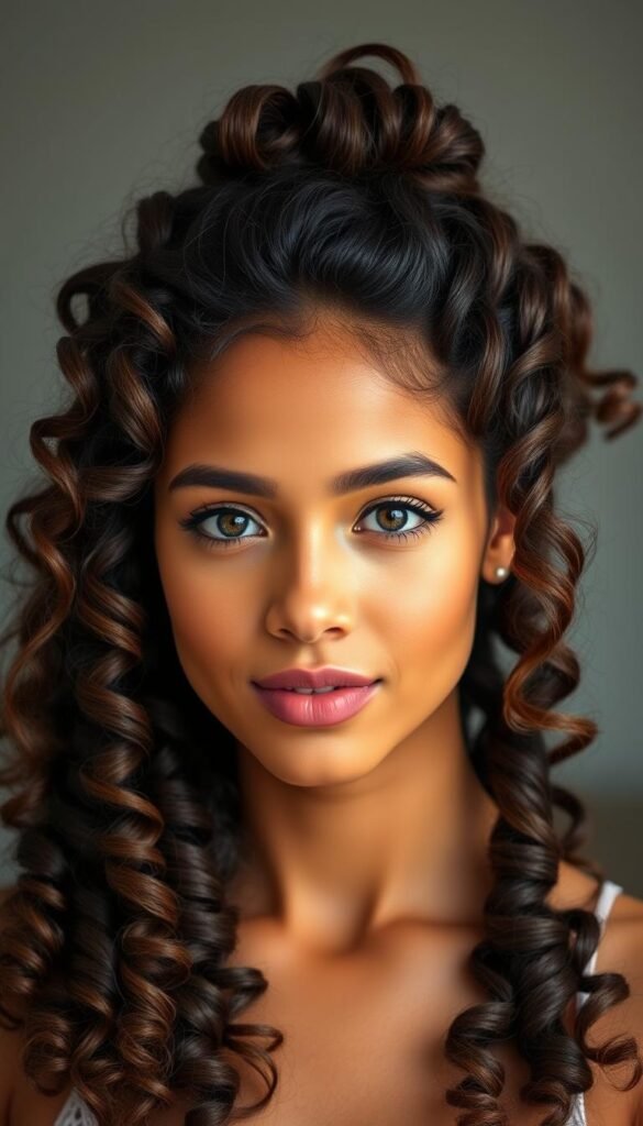 A young woman with voluminous, natural curly hair styled in a half-up, half-down hairstyle. Her face is framed by luscious, defined ringlets that cascade down her shoulders. The top section of her hair is neatly gathered in an elegant updo, creating a sophisticated yet carefree look. The lighting is soft and flattering, accentuating the texture and shine of her healthy, vibrant tresses. The background is blurred, placing the focus entirely on the intricate hairstyle and the model's beautiful features. The overall mood is one of effortless beauty and self-confidence.