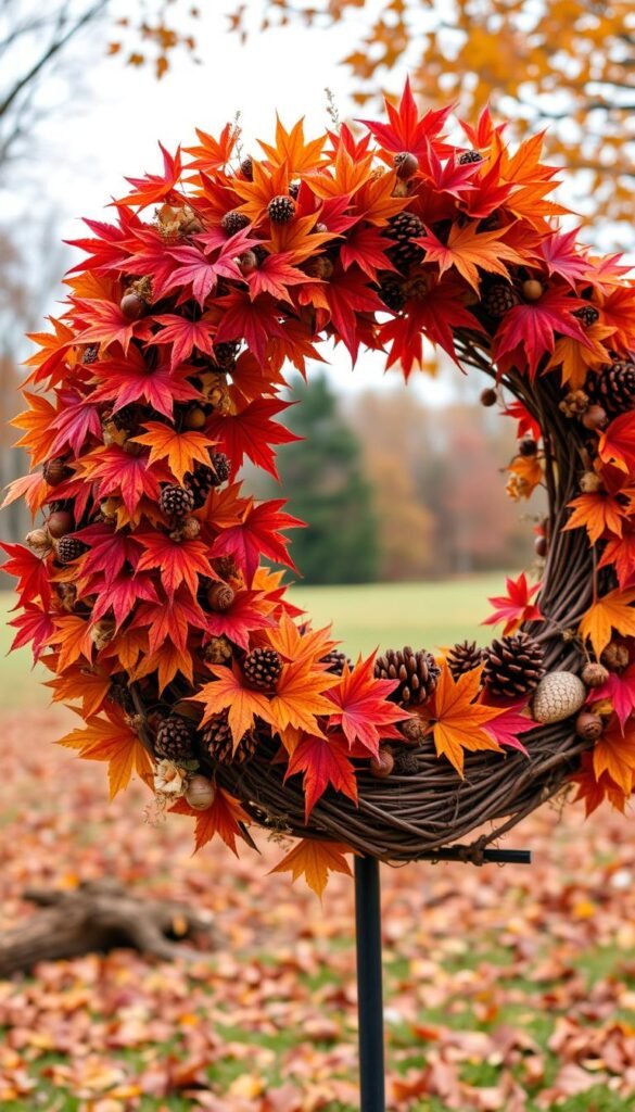 Autumn wreath, a lush, vibrant masterpiece of nature's bounty. Foreground features an intricate arrangement of maple leaves in warm hues of crimson, amber, and gold, artfully intertwined with pinecones, acorns, and delicate dried flowers. Middle ground showcases a rustic grapevine base, its gnarled texture providing a sturdy foundation. Soft, diffused lighting illuminates the scene, creating a cozy, inviting atmosphere. The background is a blurred, autumnal landscape, with trees in the distance shedding their colorful foliage. Captured with a wide-angle lens, the wreath occupies a prominent position, inviting the viewer to admire the stunning display of nature's seasonal splendor.
