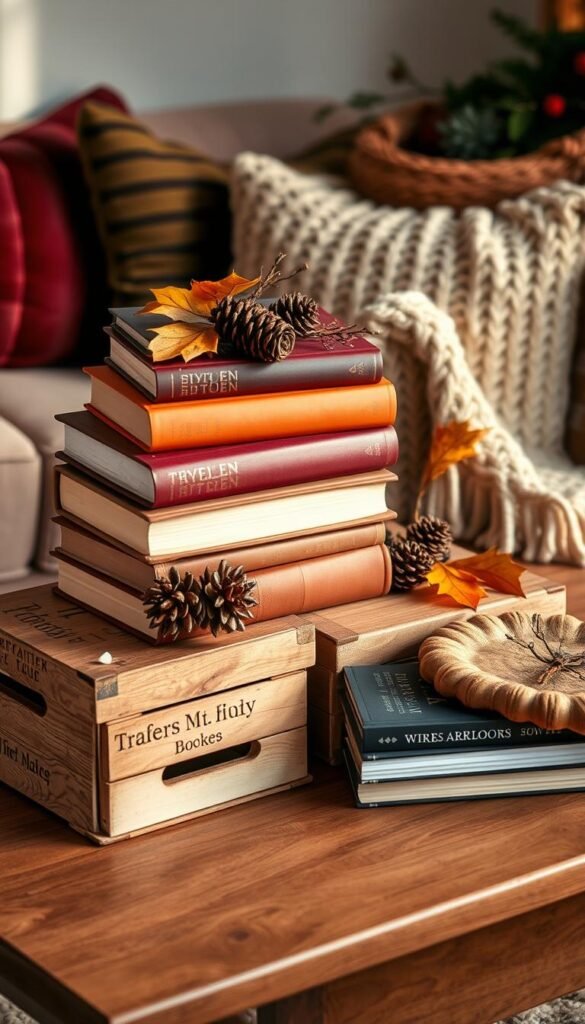 Cozy seasonal book stacks, arranged with care, showcasing a harmonious blend of autumnal hues. Hardcover tomes in rich burgundy, ochre, and earthy tones nestled atop rustic wooden crates, accented by twigs, pinecones, and a smattering of dried leaves. Soft, warm lighting casts a gentle glow, creating an inviting, hygge-inspired ambiance. The stacks are positioned on a sturdy oak table, reflecting the natural wooden textures. An abundance of plush textiles, such as a knitted throw and velvet cushions, add a layer of comfort and coziness. The overall scene evokes a sense of tranquility and seasonal delight, perfect for a cozy reading nook. Cozy seasonal book stacks, arranged with care, showcasing a harmonious blend of autumnal hues. Hardcover tomes in rich burgundy, ochre, and earthy tones nestled atop rustic wooden crates, accented by twigs, pinecones, and a smattering of dried leaves. Soft, warm lighting casts a gentle glow, creating an inviting, hygge-inspired ambiance. The stacks are positioned on a sturdy oak table, reflecting the natural wooden textures. An abundance of plush textiles, such as a knitted throw and velvet cushions, add a layer of comfort and coziness. The overall scene evokes a sense of tranquility and seasonal delight, perfect for a cozy reading nook.