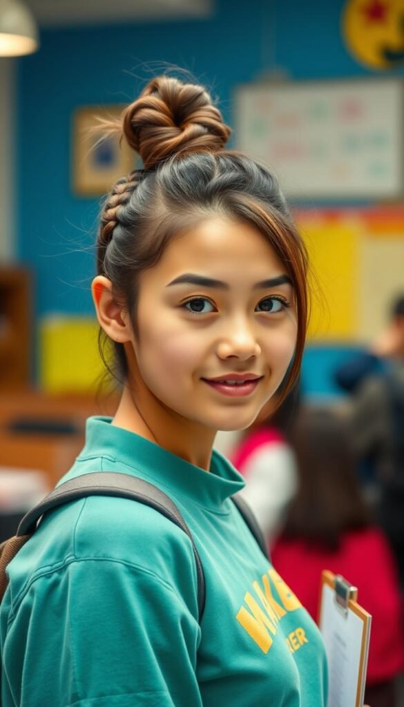 Create an image of a student with a sleek braided topknot