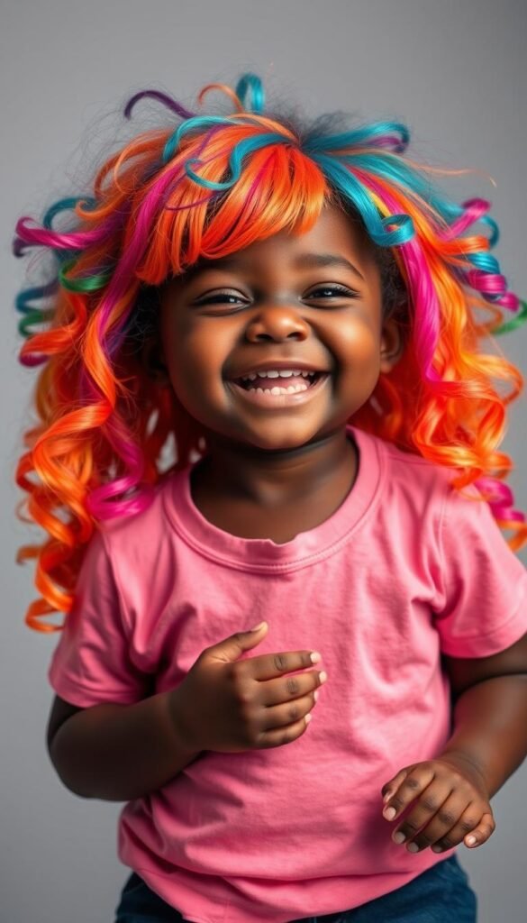 Generate an image of a Black child wearing a wig in a fun, stylish color.