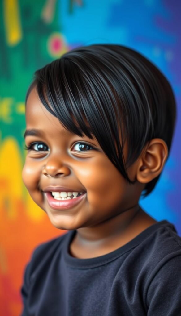 Generate an image of a Black child with a sleek, straight hairstyle achieved through a silk press.