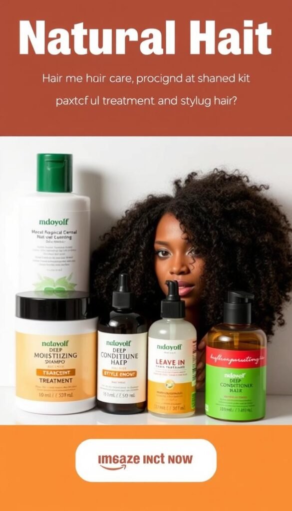 Generate an image of a hair care kit with essential products for natural hair.