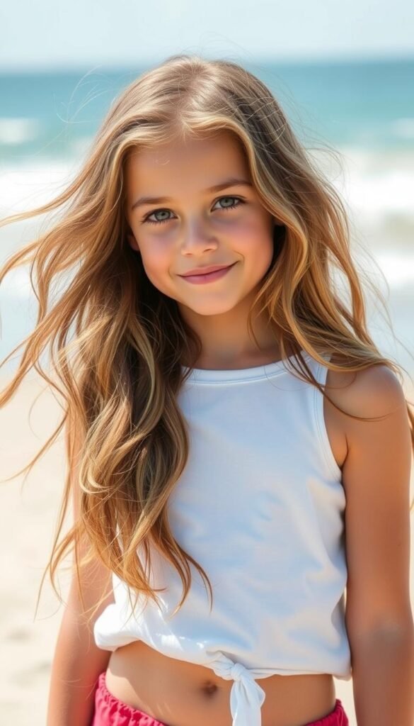 Generate an image of a young girl with long, wavy hair styled in a relaxed, beachy look.