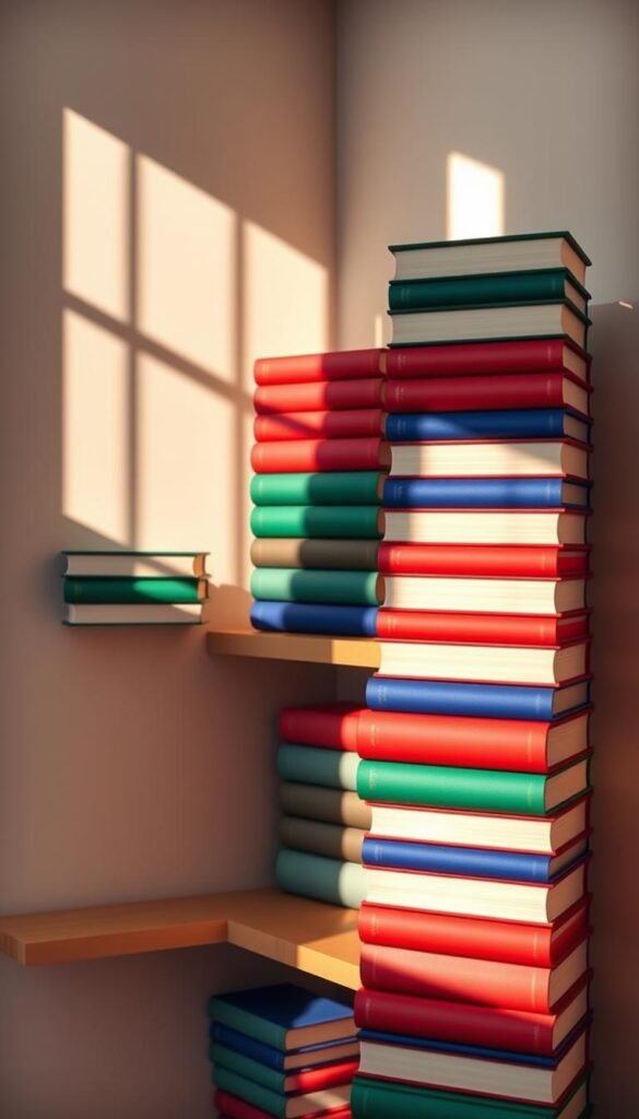 Vibrant book stacks, arranged in a harmonious palette, cast warm, diffused lighting across a minimalist, sun-dappled interior. Hardcover volumes in rich, jewel-toned hues - deep emerald, regal crimson, and royal blue - stand tall, their spines creating a visually striking color gradient. Streamlined wooden shelves provide a sleek, modern backdrop, allowing the books to take center stage. Subtle shadows and highlights accentuate the dimensional quality of the stacks, evoking a sense of depth and visual interest. The overall composition exudes a sense of balance, order, and sophistication, capturing the essence of a curated, color-coordinated book display. Vibrant book stacks, arranged in a harmonious palette, cast warm, diffused lighting across a minimalist, sun-dappled interior. Hardcover volumes in rich, jewel-toned hues - deep emerald, regal crimson, and royal blue - stand tall, their spines creating a visually striking color gradient. Streamlined wooden shelves provide a sleek, modern backdrop, allowing the books to take center stage. Subtle shadows and highlights accentuate the dimensional quality of the stacks, evoking a sense of depth and visual interest. The overall composition exudes a sense of balance, order, and sophistication, capturing the essence of a curated, color-coordinated book display.