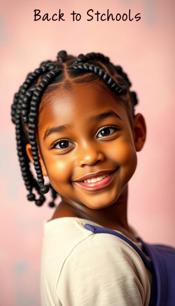 a detailed portrait of a young black girl with her hair styled in bubble braids, a trendy and fun hairstyle for the back to school season. The braids are neatly woven with small, uniform bubbles, creating a playful and stylish look. The girl is facing the camera with a warm, friendly expression, set against a softly blurred, pastel-toned background that complements the hairstyle. The lighting is soft and flattering, capturing the texture and shine of the braids. The overall mood is joyful, youthful, and on-trend, perfectly suited for a back to school feature on easy, stylish hairstyles for Black kids.
