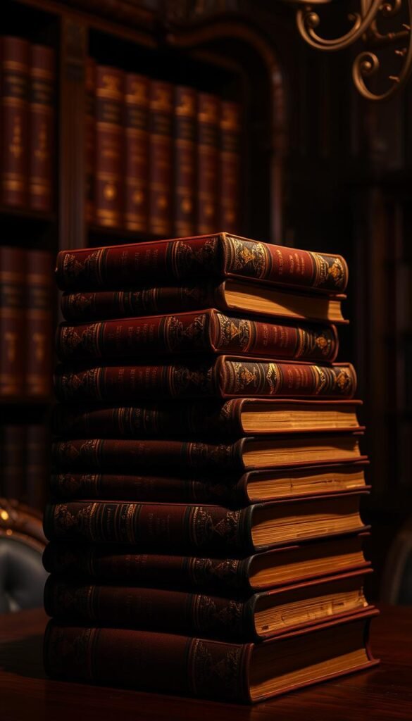 a stack of antique, leather-bound books in a dimly lit, cozy library setting. The books have ornate, gold-embossed titles and spines, giving them an air of sophistication and history. The lighting is warm and soft, creating a moody, atmospheric feel. The books are arranged in an elegant, asymmetrical stack, with some volumes slightly tilted and others standing upright. The background is blurred, emphasizing the focus on the vintage book collection. The overall scene evokes a sense of timeless elegance and a love for the written word. a stack of antique, leather-bound books in a dimly lit, cozy library setting. The books have ornate, gold-embossed titles and spines, giving them an air of sophistication and history. The lighting is warm and soft, creating a moody, atmospheric feel. The books are arranged in an elegant, asymmetrical stack, with some volumes slightly tilted and others standing upright. The background is blurred, emphasizing the focus on the vintage book collection. The overall scene evokes a sense of timeless elegance and a love for the written word.