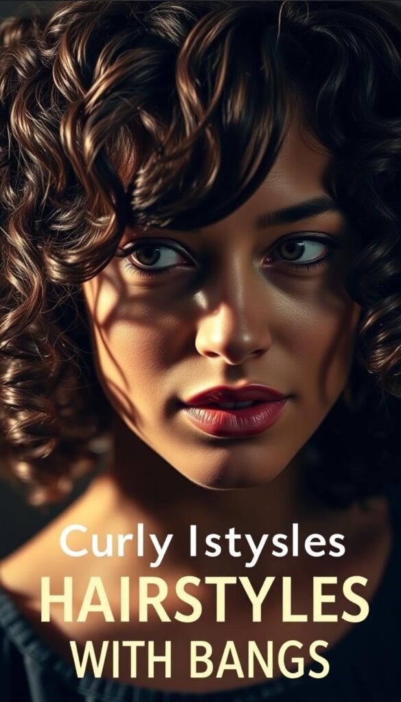 A beautifully lit close-up portrait showcasing a woman with luscious, bouncy curly hair styled with wispy bangs framing her face. The lighting is soft and flattering, creating a warm, inviting atmosphere. The curls are defined and voluminous, with a natural, healthy sheen. The model's gaze is slightly off-camera, lending an air of effortless elegance. The background is subtly blurred, keeping the focus on the captivating hairstyle. Overall, the image exudes a timeless, sophisticated charm that perfectly captures the essence of the "Curly Hairstyles with Bangs" section.