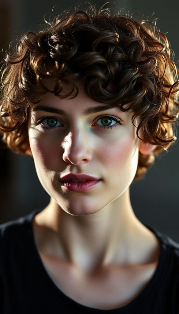 A close-up portrait of a young woman with short, tightly curled brown hair styled in a classic, timeless cut. The subject's face is illuminated by soft, diffuse natural lighting, casting gentle shadows that accentuate the texture and definition of her lively curls. The background is blurred, keeping the focus on the intricate, sculptural beauty of the hairstyle. The overall mood is one of effortless elegance and timeless charm, perfectly capturing the essence of a short, curly cut that stands the test of time.