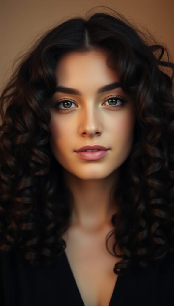 A close-up portrait of a young woman with voluminous, shoulder-length curly hair in a face-framing style. Her hair is dark brown and has a natural, soft spiral pattern with medium-sized curls. The lighting is warm and diffused, creating a gentle, flattering glow on her face. The background is slightly blurred, with muted tones that complement the subject's features. The overall mood is calm, classic, and elegant, capturing the timeless beauty of this classic curly hairstyle.