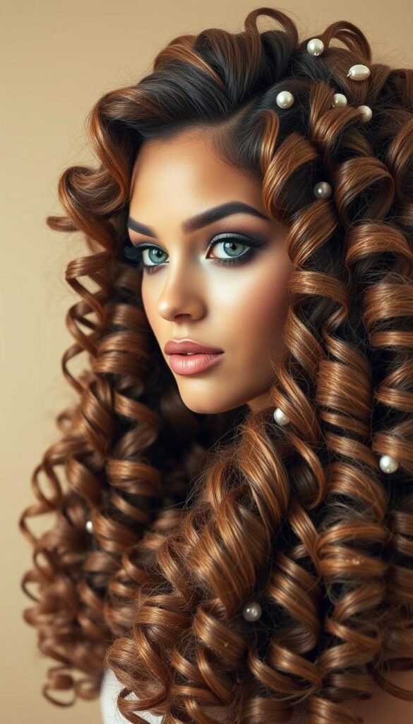 A close-up shot of a model with luxurious, voluminous curly hair adorned with delicate pearl and crystal embellishments. The hair cascades in bouncy ringlets, accentuated by a soft, diffused lighting that creates a glowing, ethereal effect. The model's expression is serene and confident, drawing the viewer's gaze to the intricate details of the hairstyle. The background is a simple, neutral tone that allows the elaborately styled curls to be the focal point of the image.