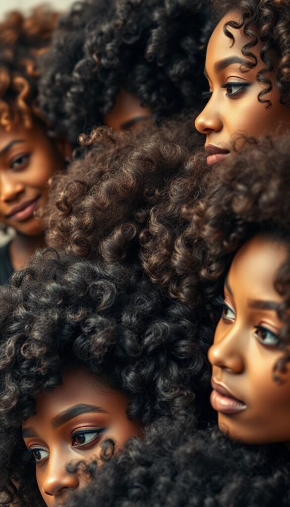 A close-up view of a diverse array of natural hairstyles, showcasing the captivating textures and fluid movement of curly, wavy, and coily tresses. The subjects are photographed under soft, diffused lighting that accentuates the intricate patterns and lustrous shine of each unique style. The composition features a close, intimate perspective that draws the viewer's gaze into the details of the hair, creating a sense of tactile, sensorial experience. The overall mood is one of celebration and appreciation for the inherent beauty and versatility of natural hair textures.