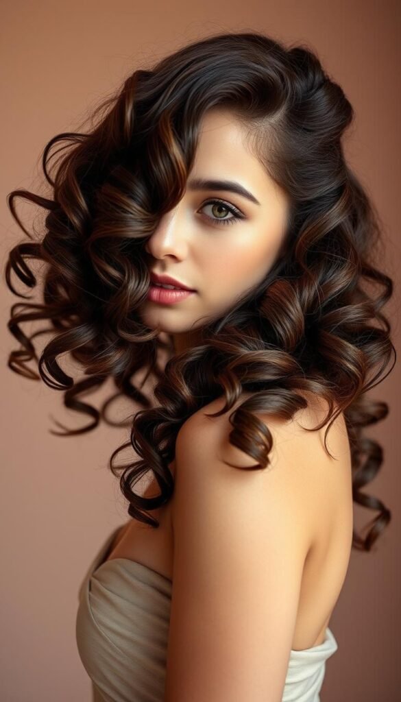 A gorgeous woman with voluminous, bouncy curly hair styled in a half-up, half-down coiffure. Her luscious chocolate-brown locks are cascading down her shoulders in soft, defined ringlets. A few delicate strands frame her face, accentuating her features. The lighting is soft and flattering, creating a warm, ethereal ambiance. Shot against a muted, pastel background that complements the hair's rich tones. The overall aesthetic is elegant, timeless, and effortlessly chic.