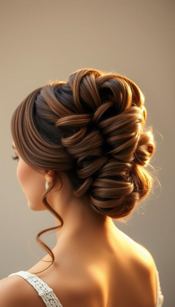A graceful, elegant curly updo hairstyle, meticulously styled with precision. The model's long, luscious locks are swept up in a sophisticated, voluminous coif, with soft, defined curls cascading down the sides and back. Warm, gentle lighting accentuates the sheen and texture of the hair, creating a luminous, flattering effect. The model's facial features are subtly highlighted, exuding a sense of poise and refinement. The composition is well-balanced, with the updo taking center stage against a softly blurred, neutral background, allowing the hairstyle to be the focal point. An image that embodies the timeless beauty and versatility of curly updos.