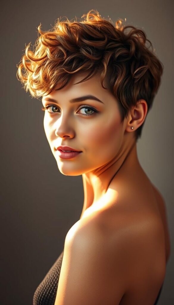 A pixie-style haircut with tight, defined curls that frame the face. The model is facing the camera with a confident, natural expression, bathed in warm, golden lighting that highlights the intricate texture and luster of the hair. The background is a simple, minimalist studio setting with a soft, out-of-focus gradient, creating a sense of focus on the subject. The overall mood is one of effortless, timeless style.