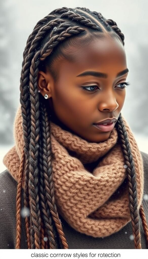 A stunning winter cornrow hairstyle, capturing the essence of warmth and protection. In the foreground, intricate braids cascade down the model's head, woven into a classic cornrow pattern. The hair glistens with subtle highlights, reflecting the soft, diffused lighting. In the middle ground, a cozy knitted scarf in a muted, earthy tone wraps around the model's neck, adding a touch of winter elegance. The background fades into a serene, snow-covered landscape, with a gentle snowfall adding to the sense of tranquility. The overall mood is one of calm, comfort, and timeless beauty, perfectly embodying the spirit of the "Classic Cornrow Styles for Winter Protection" section.