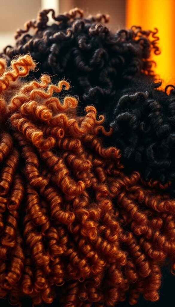 A vibrant and captivating image of statement-making curly hairstyles. Foreground features a diverse range of voluminous, textured curls in an array of rich, vivacious shades - golden honey, chestnut brown, ebony black. Middle ground showcases the intricate, flowing patterns and shapes of the curls, with meticulously sculpted layers and lively movement. Background is a softly blurred, ethereal setting, casting a warm, dramatic glow that accentuates the natural beauty and confidence of the hairstyles. Lighting is dramatic, with strategic highlights and shadows that define the form and structure of the curls. Lens is slightly wider angle to capture the full, captivating essence of these timeless, expressive hairstyles.