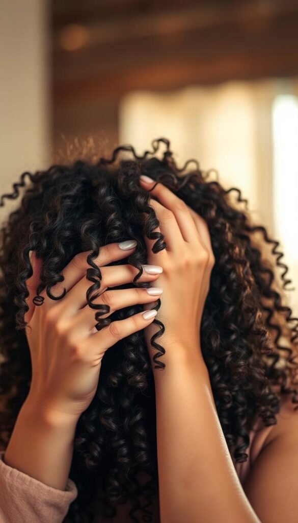 A well-lit, close-up photograph of a woman's hands carefully applying moisturizing hair serum to her lush, curly dark hair. Her hair appears soft, hydrated, and healthy, with individual locks illuminated by warm, diffused lighting. The background is blurred, creating a serene, spa-like atmosphere that emphasizes the focus on hair care. The image conveys a sense of tranquility, self-care, and the timeless beauty of naturally curly hair.