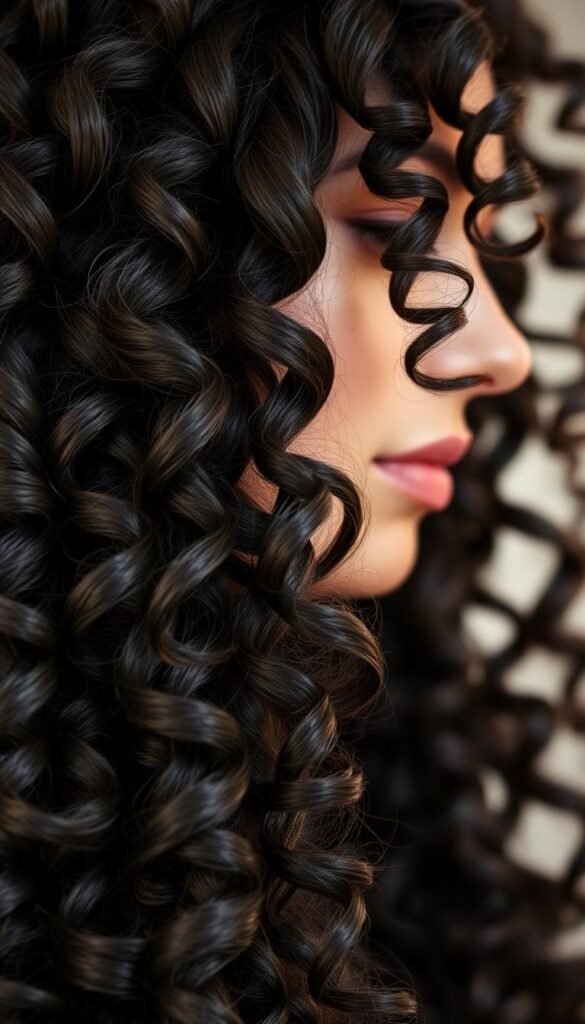 Detailed closeup portrait of a woman with long, voluminous, tightly curled dark brown hair. Soft, natural lighting from the side creates gentle shadows and highlights the intricate curly texture. The hair flows in smooth, flowing waves, with defined individual strands. The focus is on the lush, bouncy, and voluptuous curls, filling the frame. Shallow depth of field, blurring the background, placing all emphasis on the captivating hair. Serene, classic, and timeless in feel.
